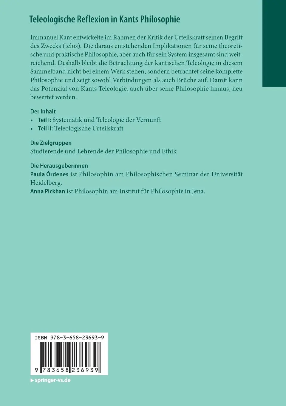 Rückseite: 9783658236939 | Teleologische Reflexion in Kants Philosophie | Anna Pickhan (u. a.)