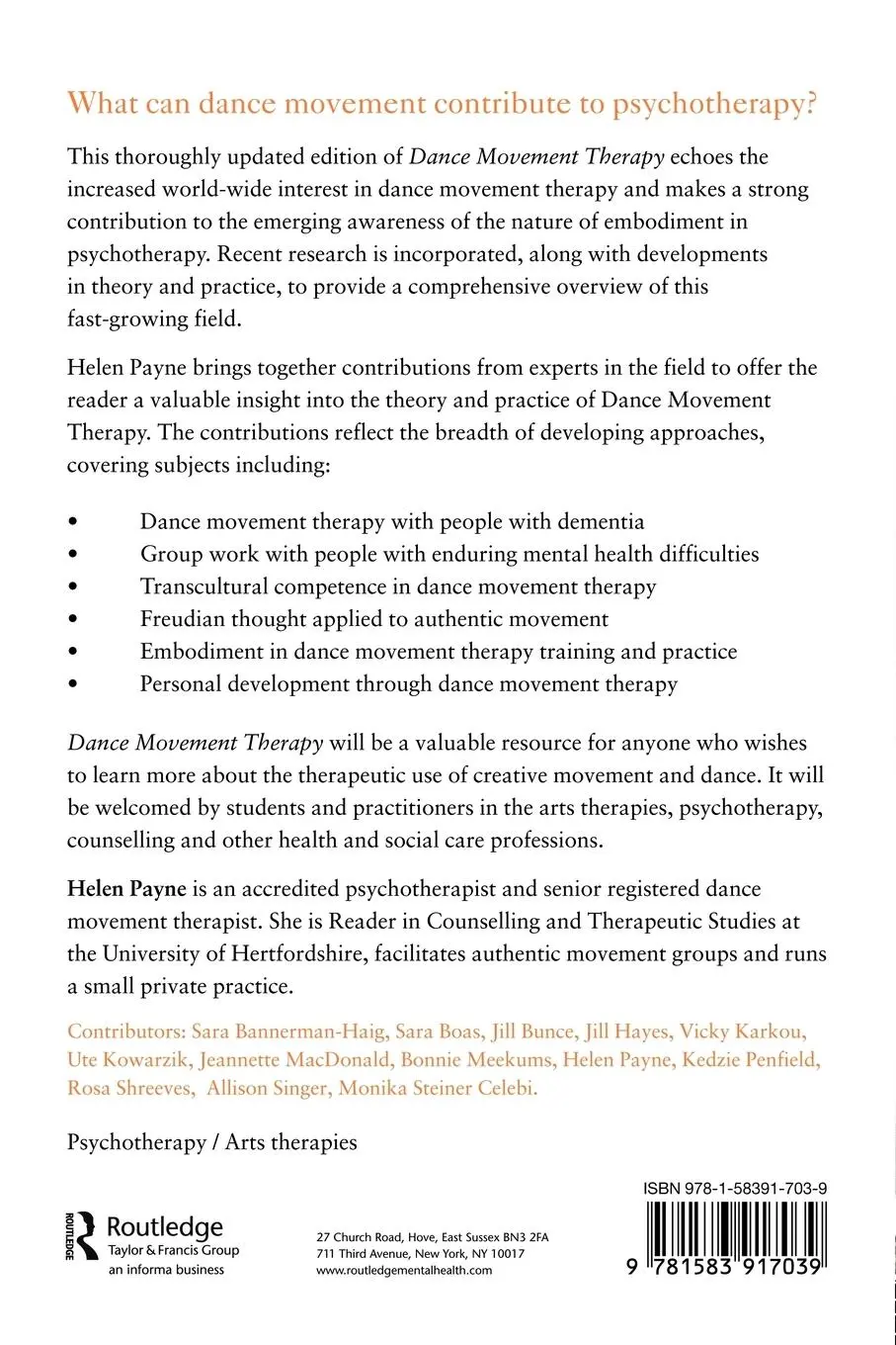 Rückseite: 9781583917039 | Dance Movement Psychotherapy | Theory, Research and Practice | Payne