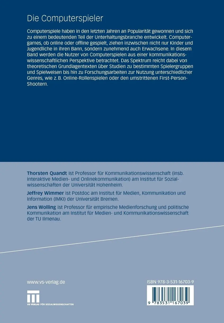 Rückseite: 9783531167039 | Die Computerspieler | Studien zur Nutzung von Computergames | Buch