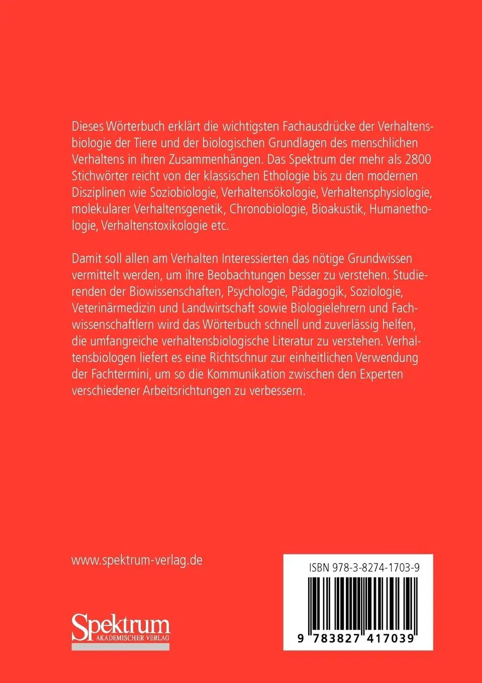 Rückseite: 9783827417039 | Wörterbuch zur Verhaltensbiologie der Tiere und des Menschen | Buch