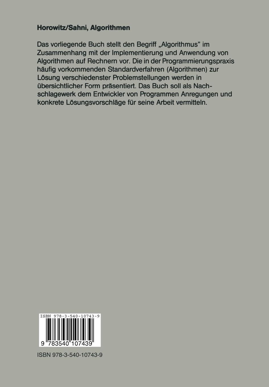 Rückseite: 9783540107439 | Algorithmen | Entwurf und Analyse | E. Horowitz (u. a.) | Taschenbuch