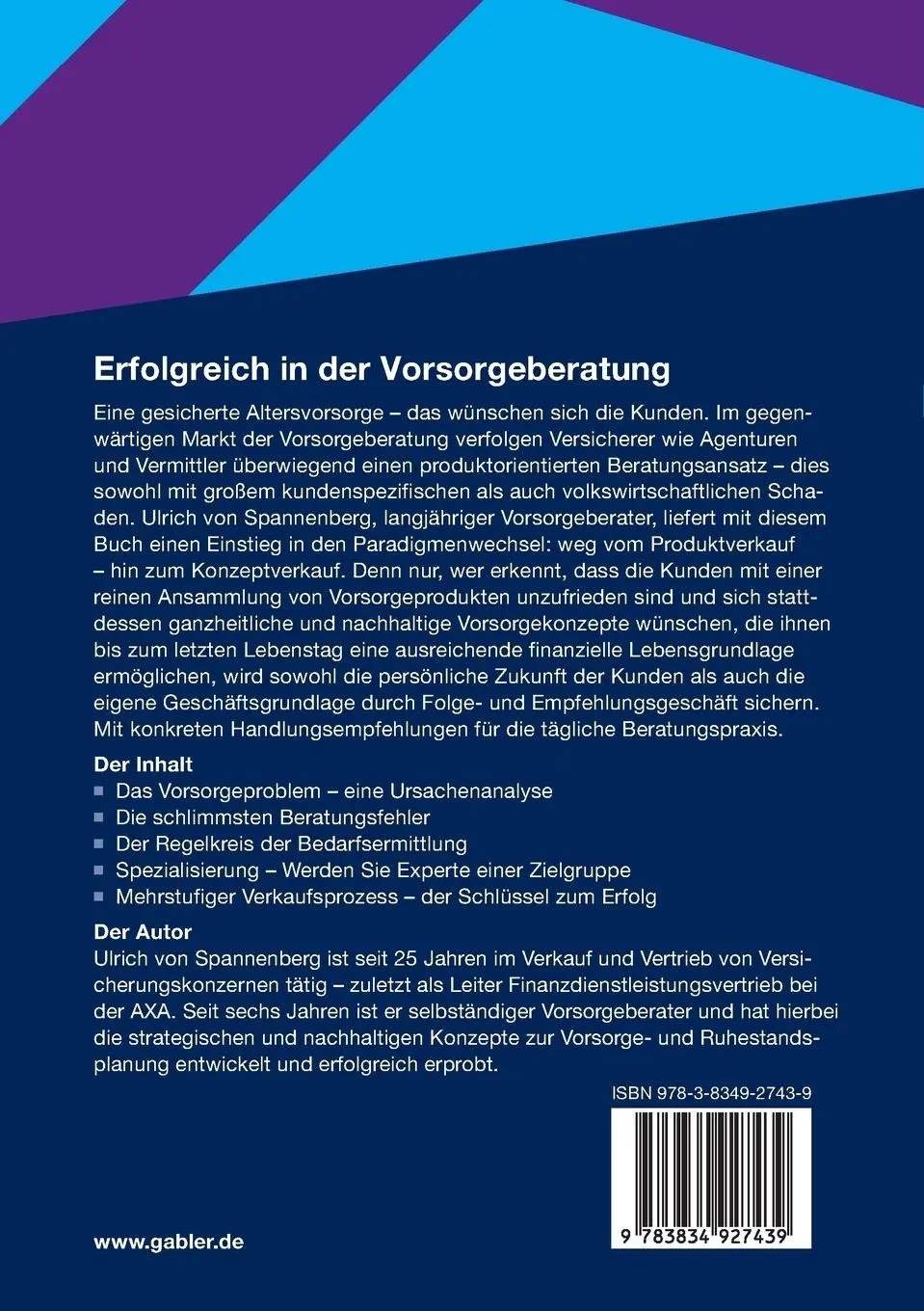 Rückseite: 9783834927439 | Erfolgreich in der Vorsorgeberatung | Ulrich von Spannenberg | Buch