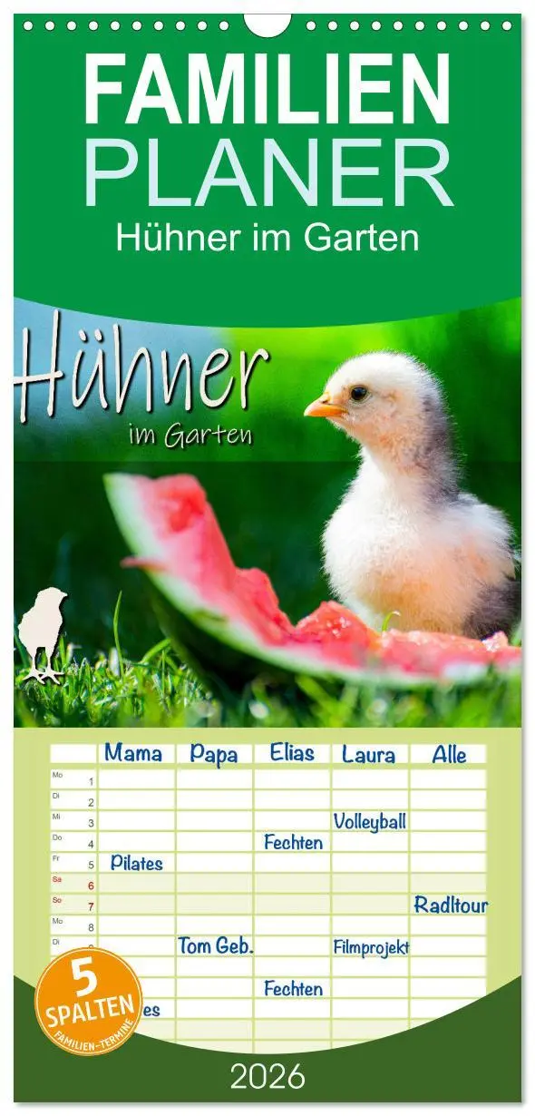 Cover: 9783516507539 | Familienplaner 2026 - Hühner im Garten mit 5 Spalten (Wandkalender,...
