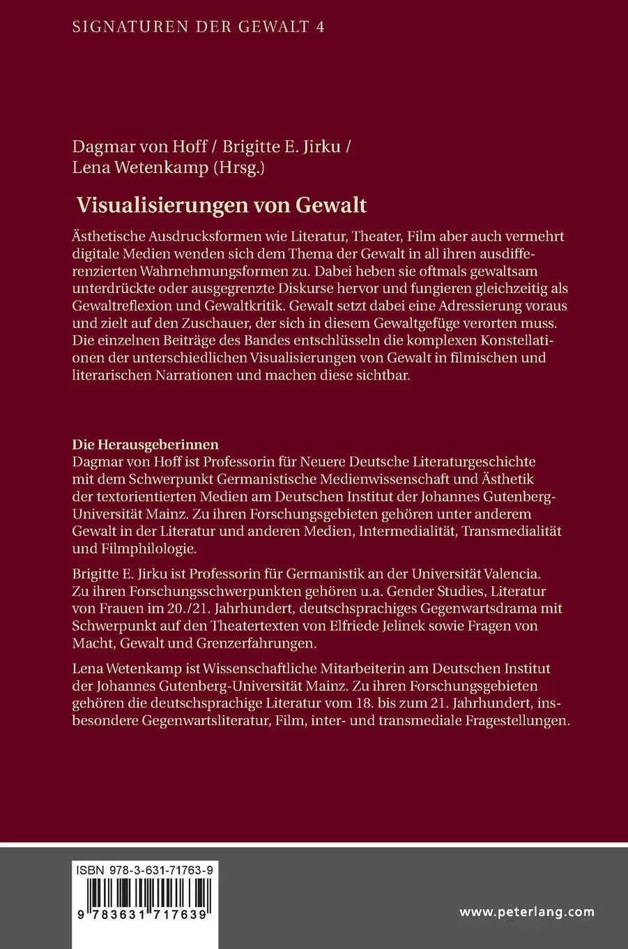 Rückseite: 9783631717639 | Visualisierungen von Gewalt | Beiträge zu Film, Theater und Literatur