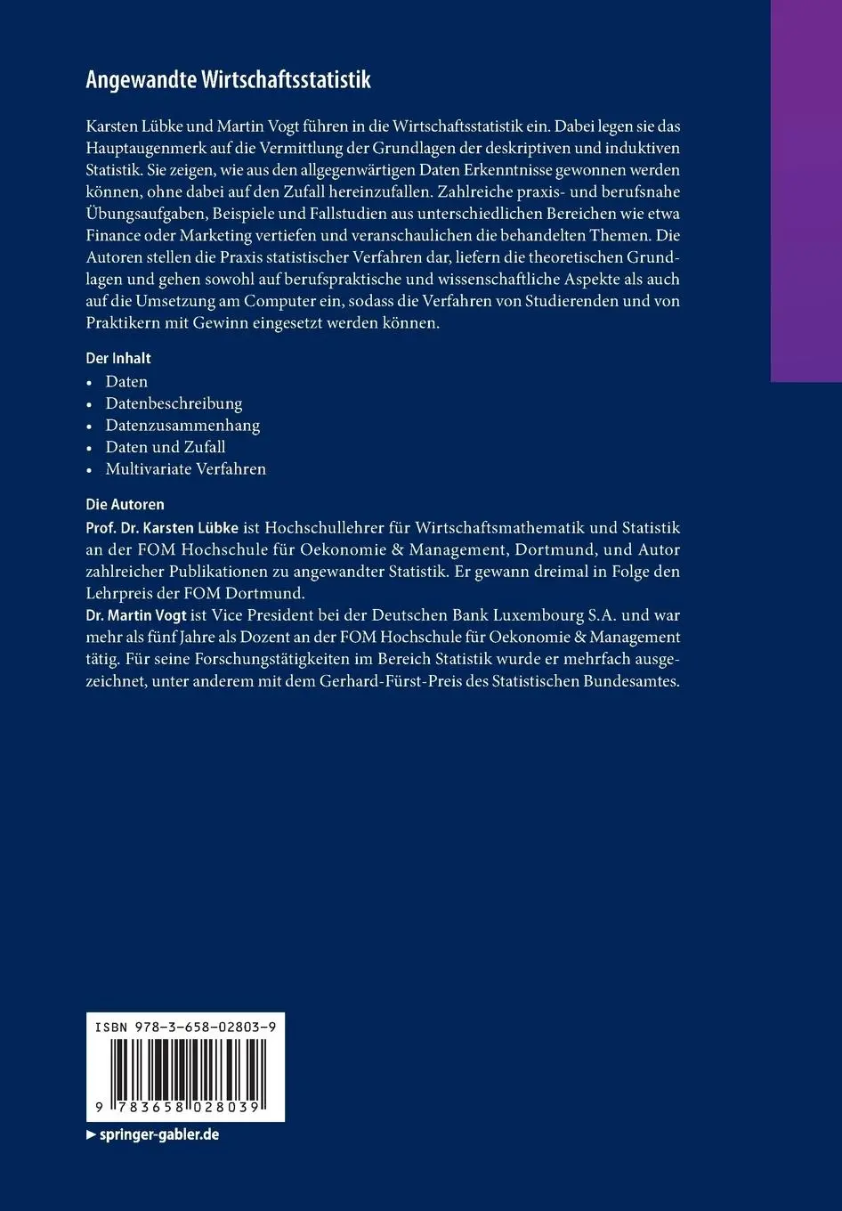 Rückseite: 9783658028039 | Angewandte Wirtschaftsstatistik | Daten und Zufall | Vogt (u. a.)