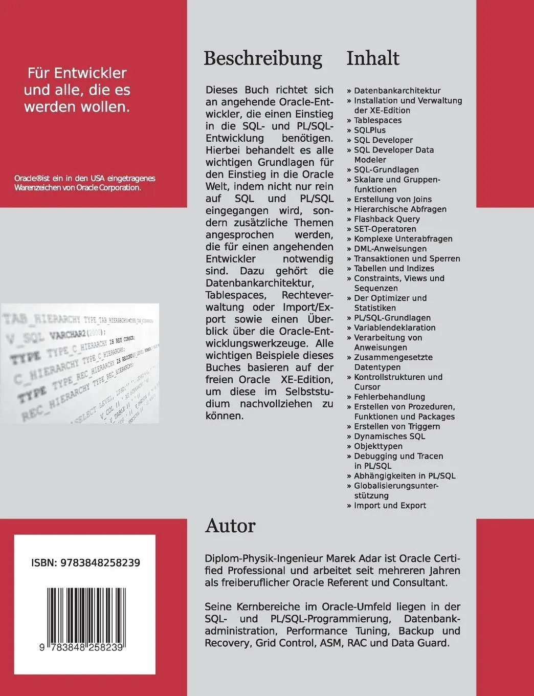 Rückseite: 9783848258239 | Ein strukturierter Einstieg in die Oracle SQL und PL/SQL-Entwicklung