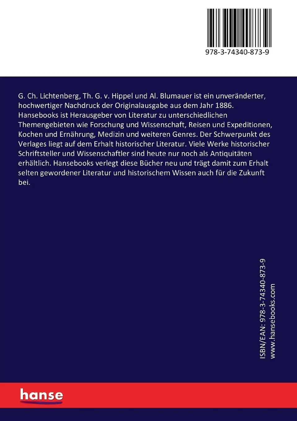 Rückseite: 9783743408739 | G. Ch. Lichtenberg, Th. G. v. Hippel und Al. Blumauer | Aloys Blumauer