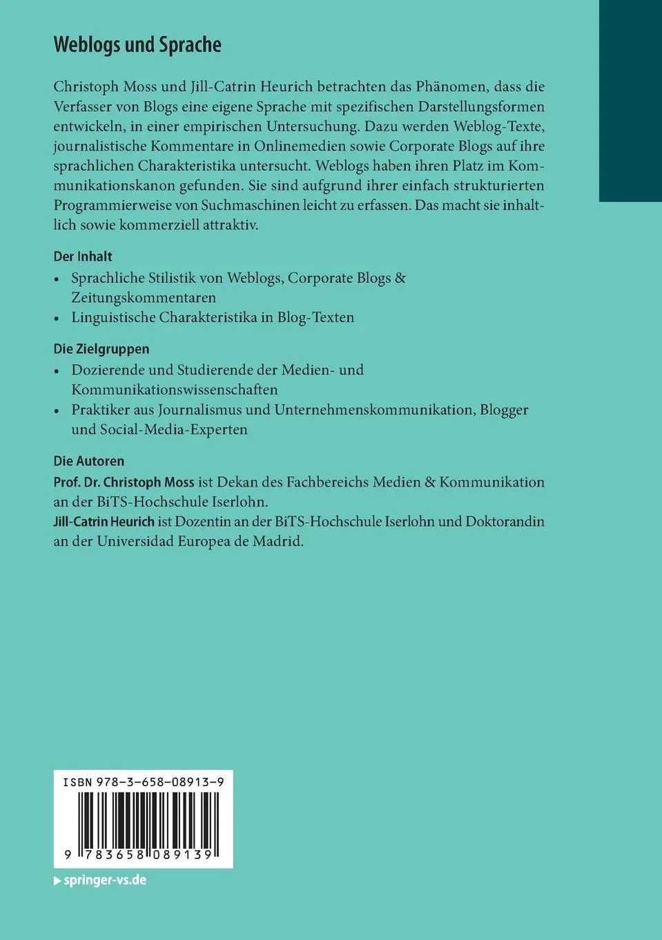 Rückseite: 9783658089139 | Weblogs und Sprache | Jill-Catrin Heurich (u. a.) | Taschenbuch | xii