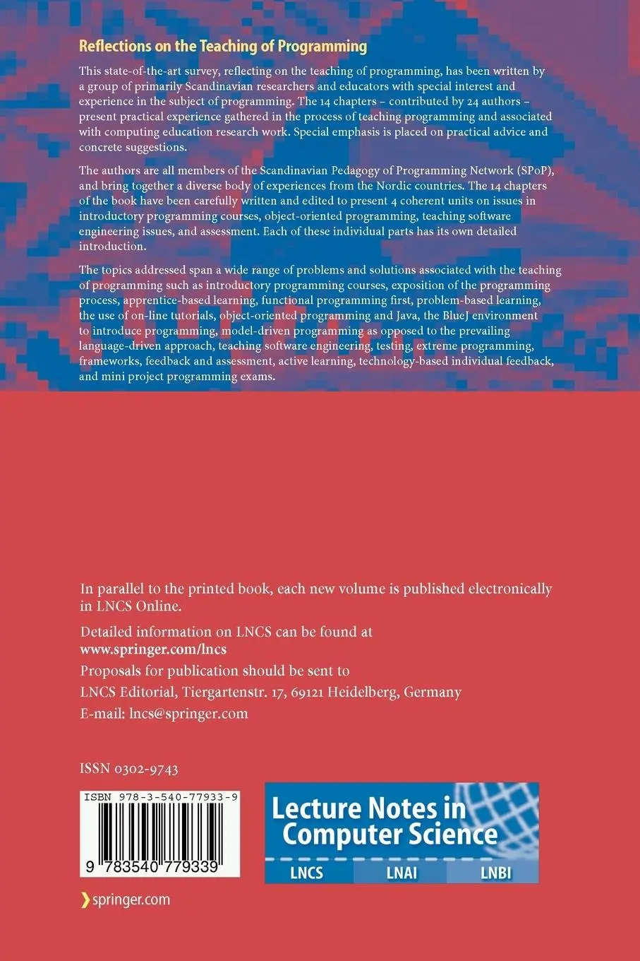 Rückseite: 9783540779339 | Reflections on the Teaching of Programming | Jens Bennedsen (u. a.)