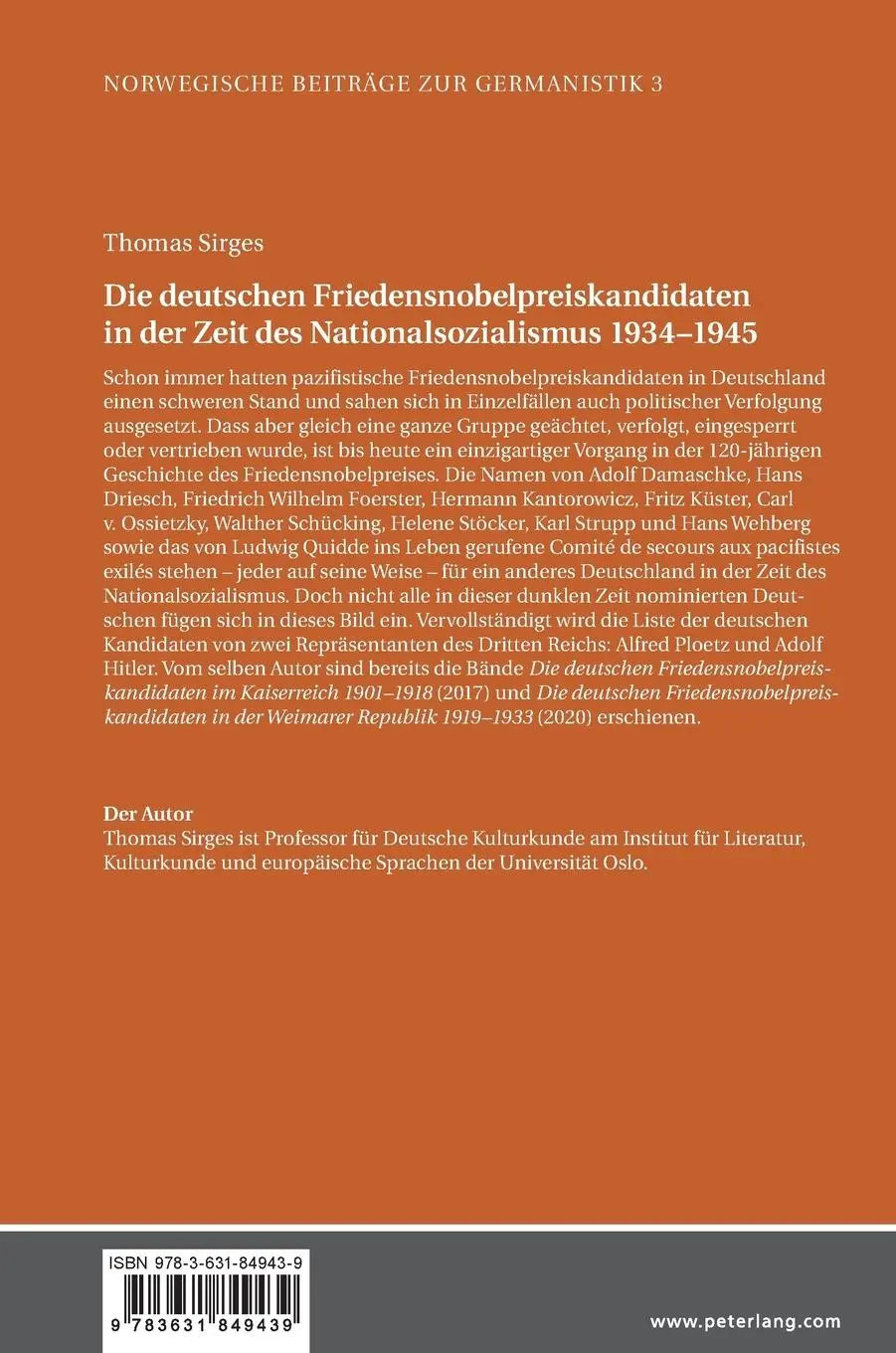 Rückseite: 9783631849439 | Die deutschen Friedensnobelpreiskandidaten in der Zeit des...