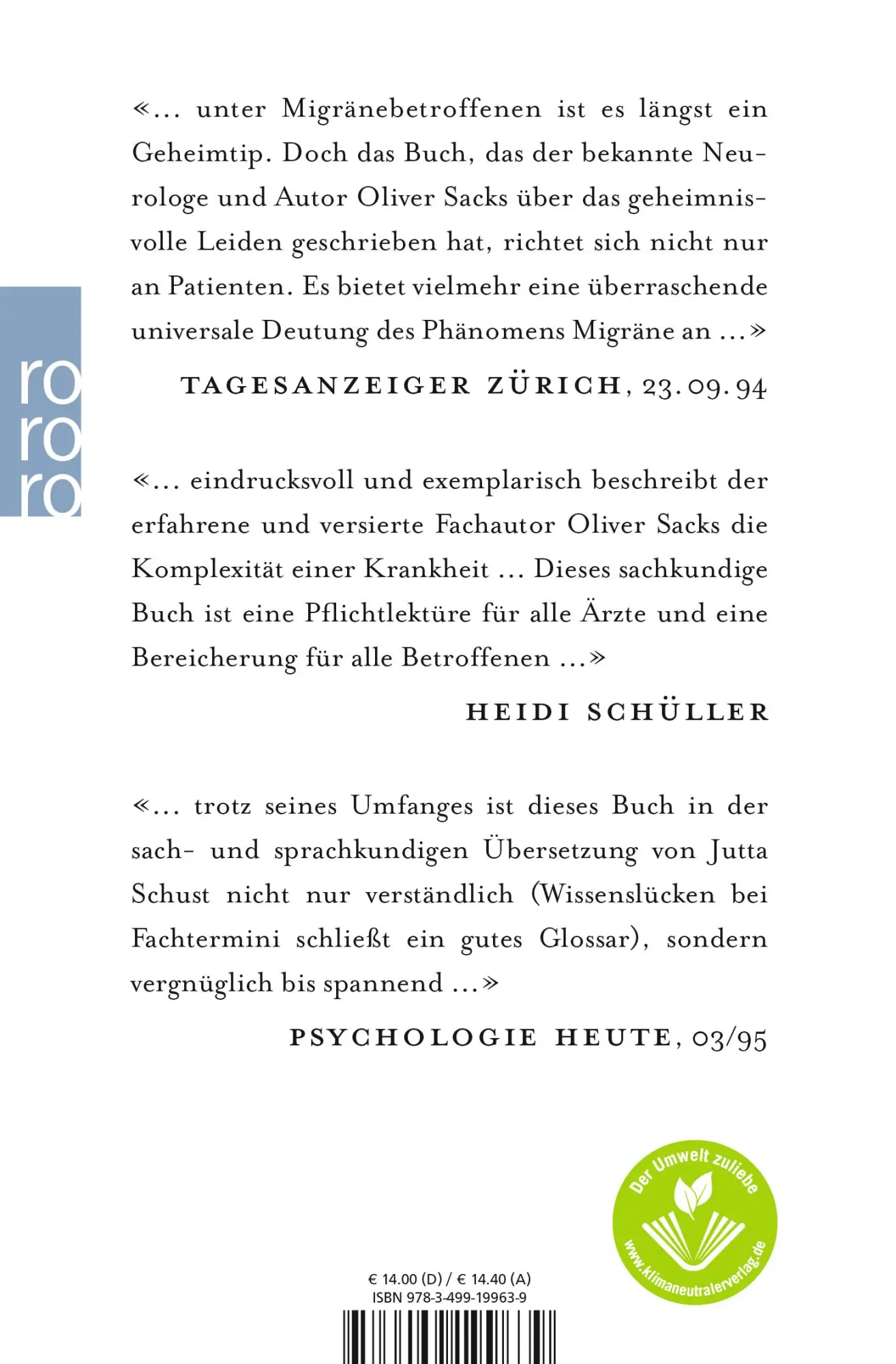 Rückseite: 9783499199639 | Migräne | Oliver Sacks | Taschenbuch | 512 S. | Deutsch | 1996