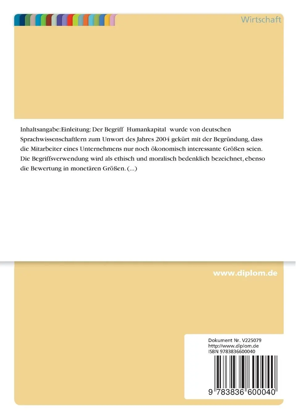 Rückseite: 9783836600040 | Bilanzierung und Bewertung von Humankapital am Beispiel des...