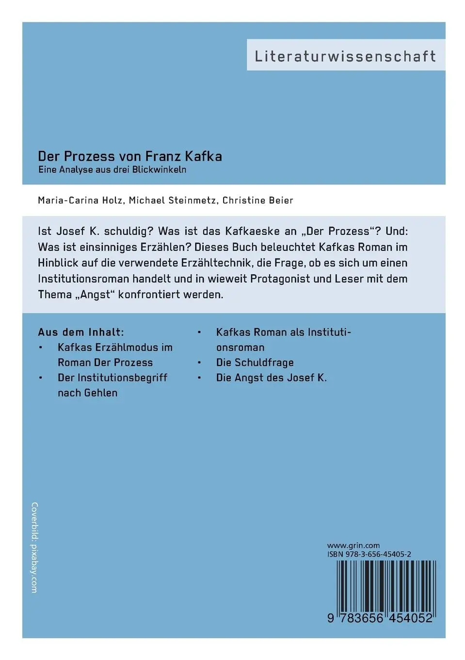 Rückseite: 9783956870040 | Der Prozess von Franz Kafka. Eine Analyse aus drei Blickwinkeln | Buch