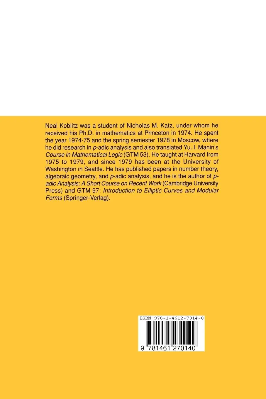 Rückseite: 9781461270140 | p-adic Numbers, p-adic Analysis, and Zeta-Functions | Neal Koblitz