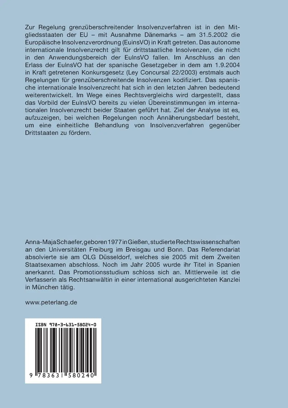 Rückseite: 9783631580240 | Das autonome internationale Insolvenzrecht Spaniens im Vergleich...