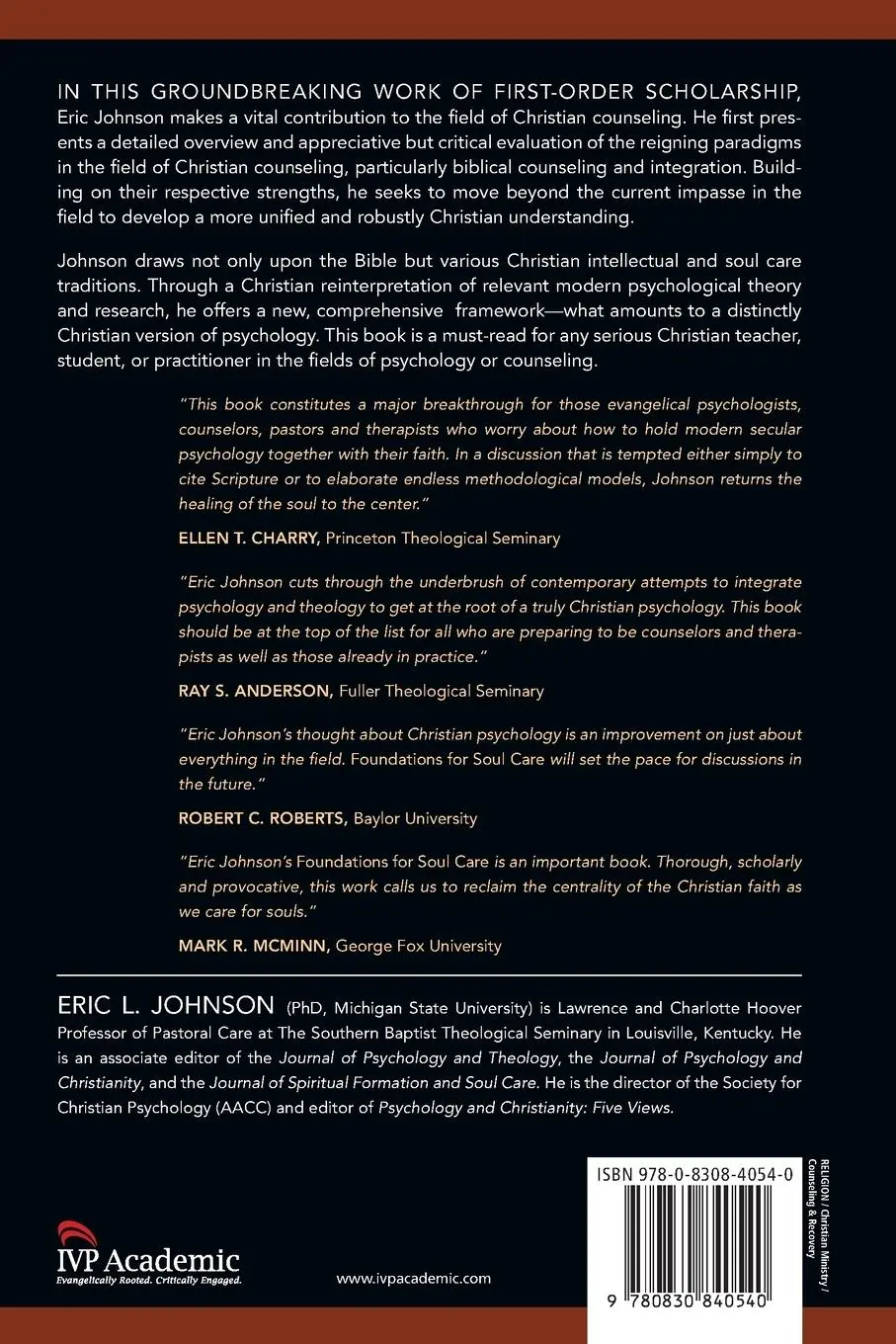 Rückseite: 9780830840540 | Foundations for Soul Care | A Christian Psychology Proposal | Johnson