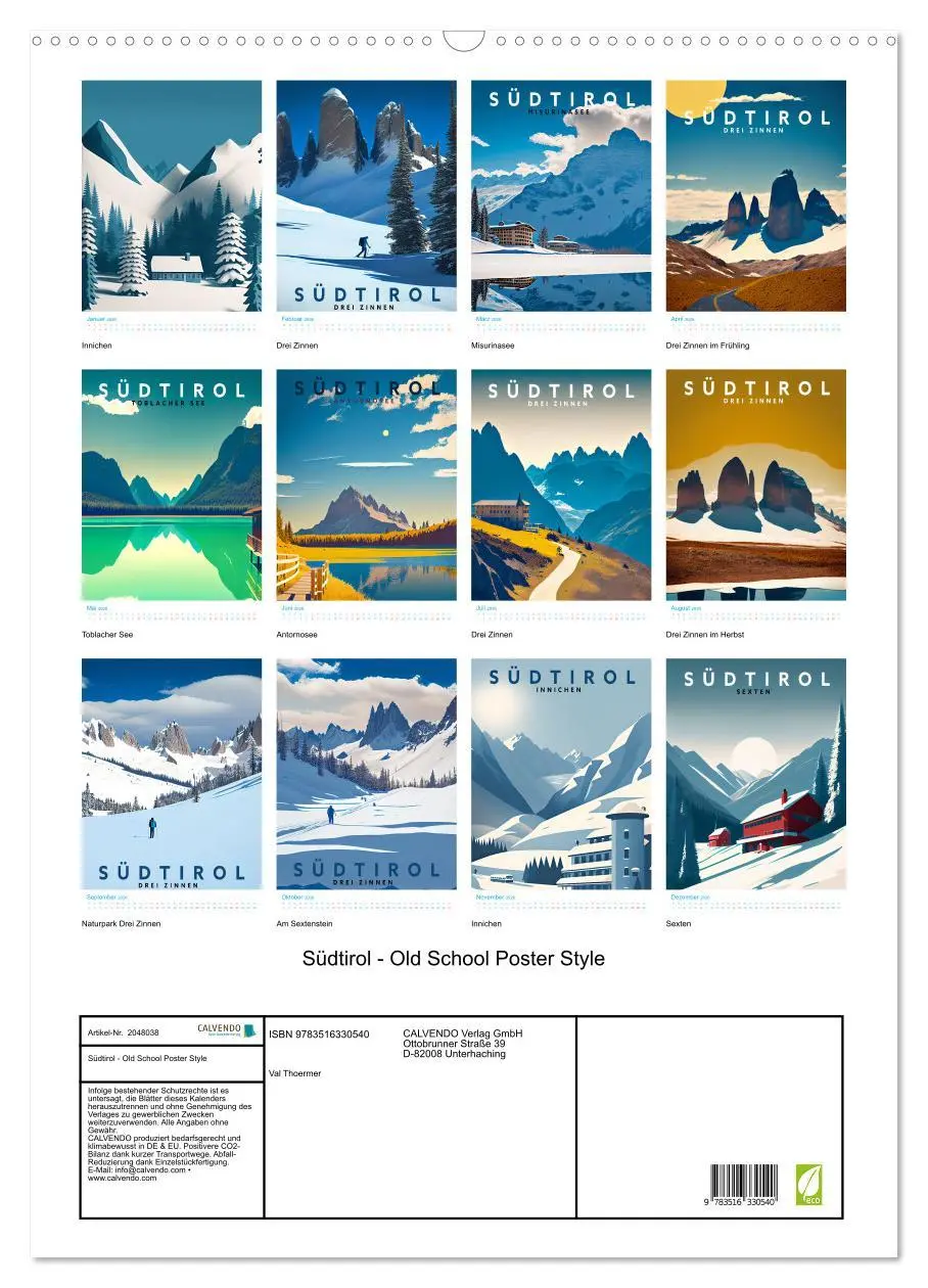 Bild: 9783516330540 | Südtirol - Old School Poster Style (Wandkalender 2026 DIN A2 hoch),...