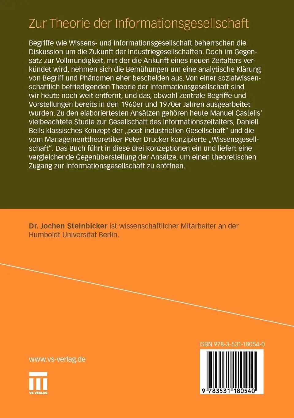 Rückseite: 9783531180540 | Zur Theorie der Informationsgesellschaft | Jochen Steinbicker | Buch