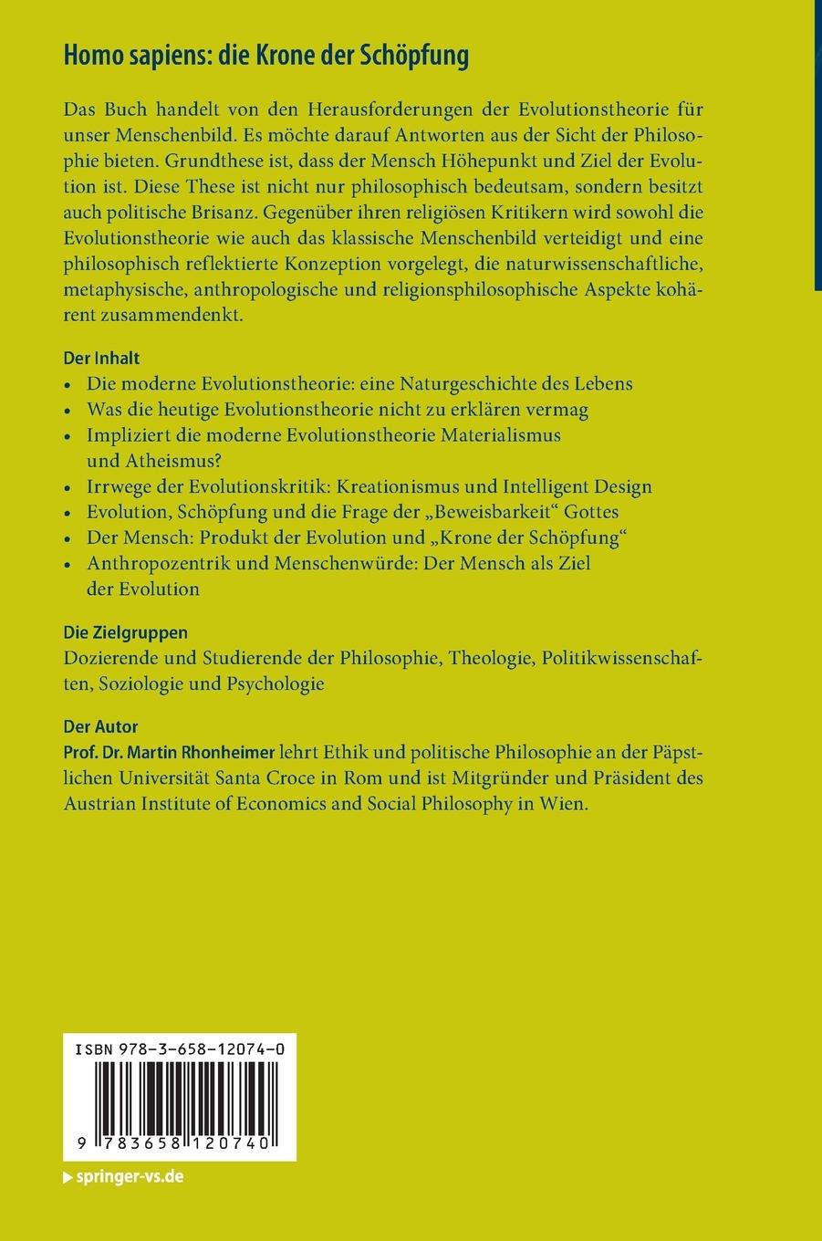 Rückseite: 9783658120740 | Homo sapiens: die Krone der Schöpfung | Martin Rhonheimer | Buch | XVI