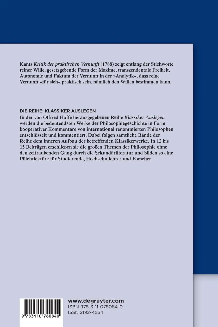 Rückseite: 9783110780840 | Immanuel Kant: Kritik der praktischen Vernunft | Otfried Höffe | Buch