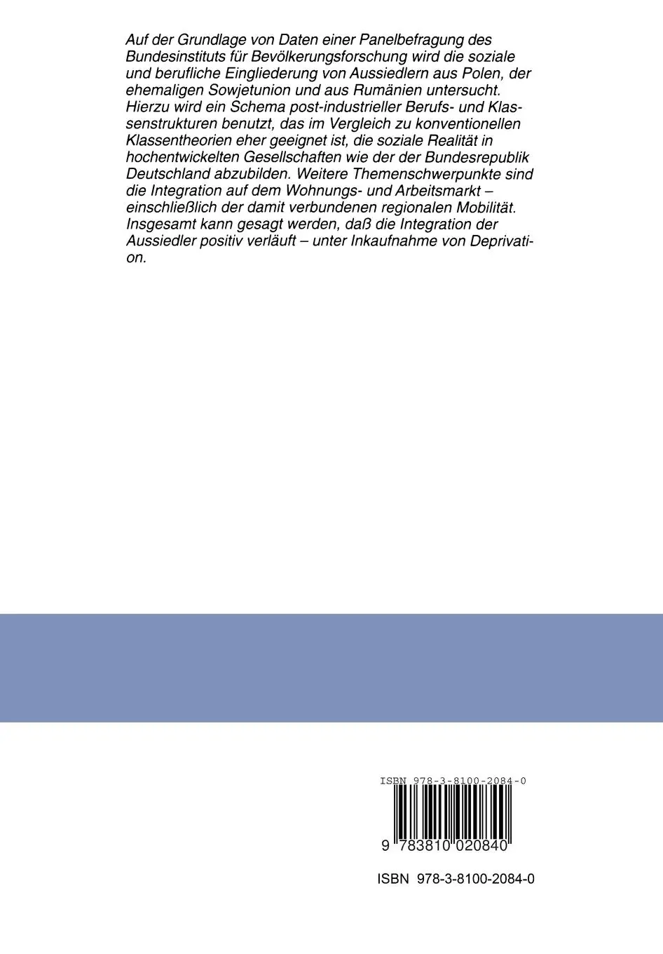 Rückseite: 9783810020840 | Zur Eingliederung der Aussiedler in die Gesellschaft der...