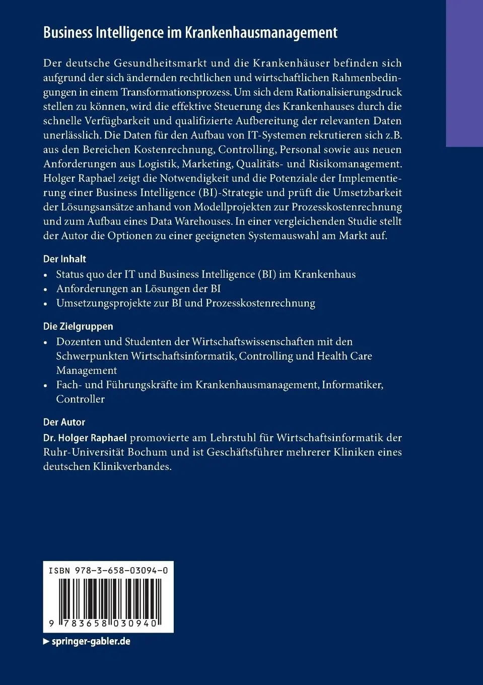 Rückseite: 9783658030940 | Business Intelligence im Krankenhausmanagement | Holger Raphael | Buch