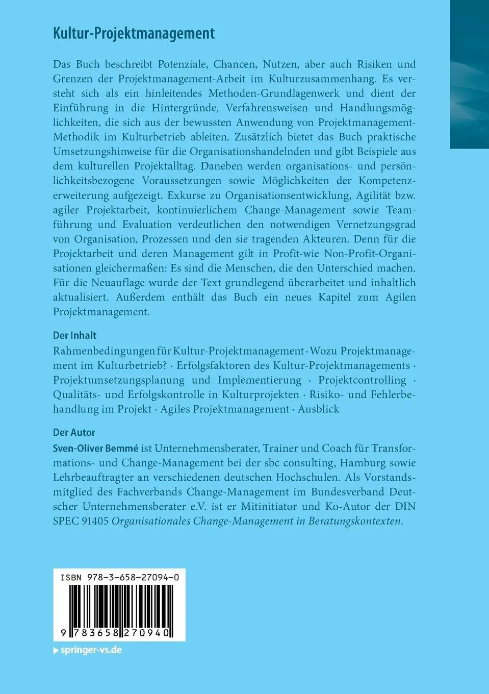 Rückseite: 9783658270940 | Kultur-Projektmanagement | Sven-Oliver Bemmé | Taschenbuch | ix | 2020