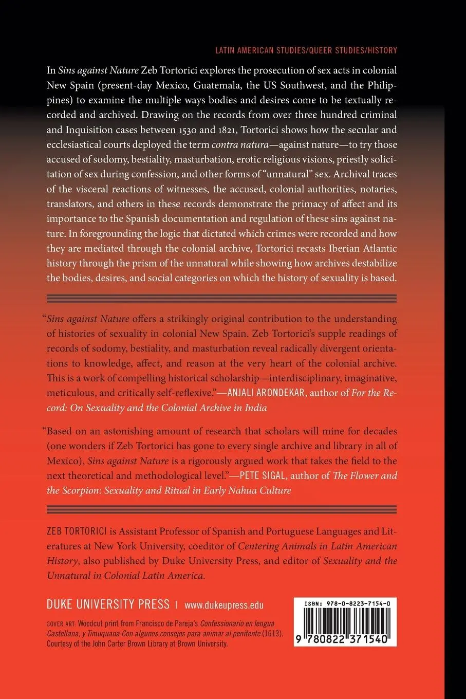Rückseite: 9780822371540 | Sins against Nature | Sex and Archives in Colonial New Spain | Buch
