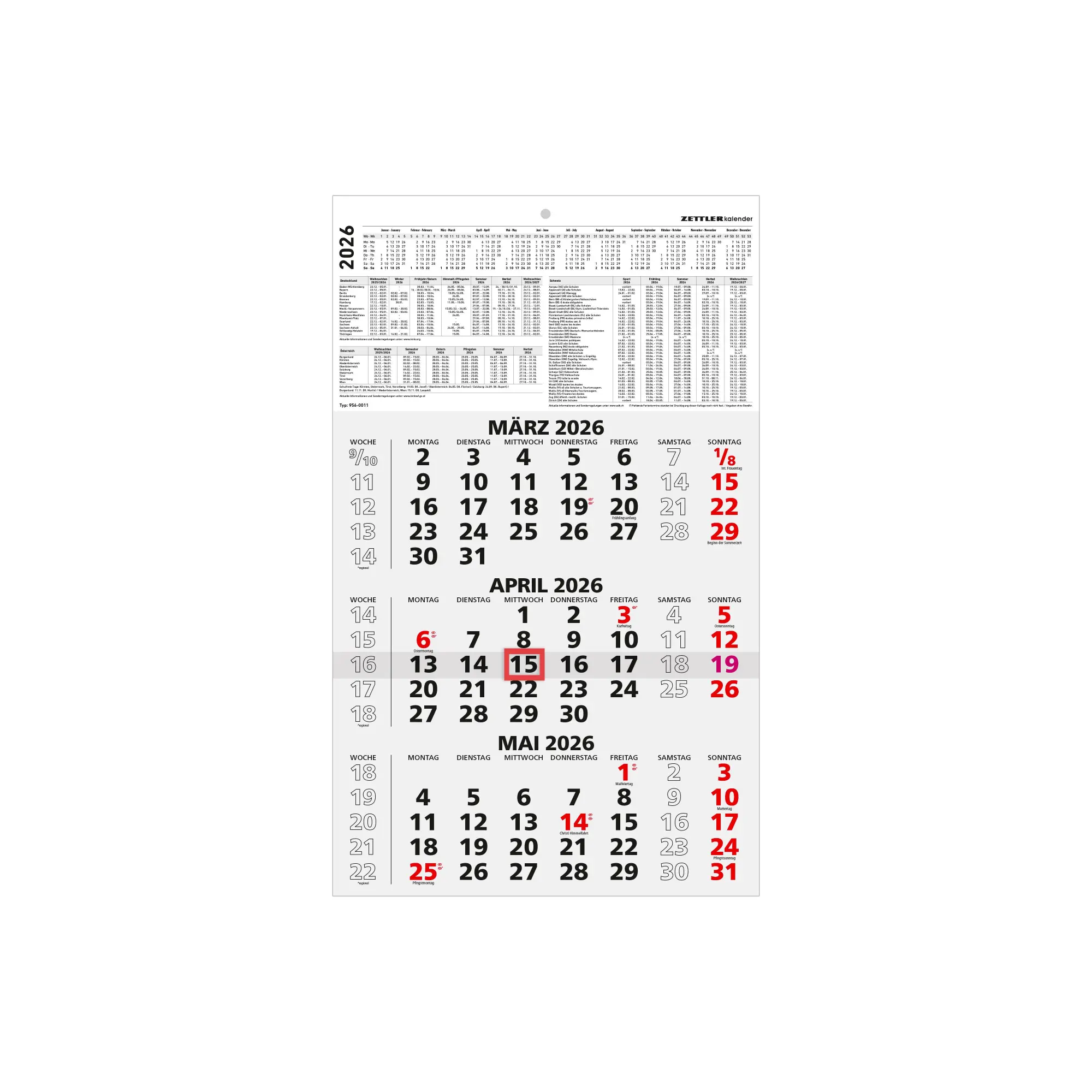 Cover: 4069095001640 | 3-Monatskalender schwarz/rot 2026 - 29,7x48,8 - mit Kopftafel -...
