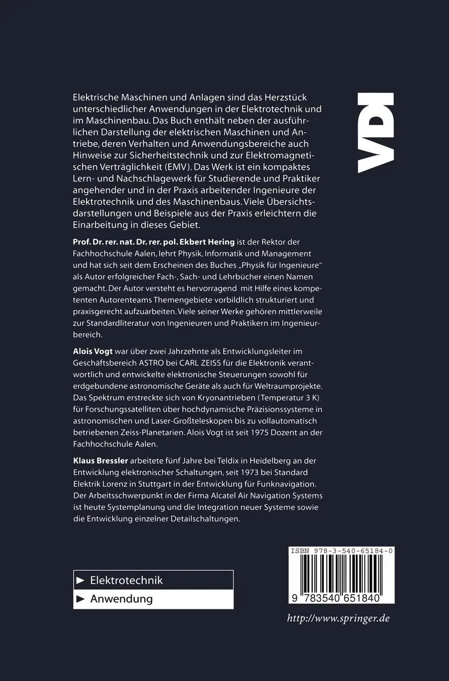 Rückseite: 9783540651840 | Handbuch der elektrischen Anlagen und Maschinen | Hering (u. a.)
