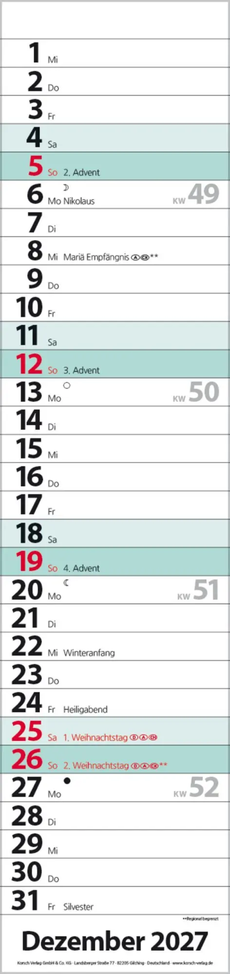 Bild: 9783819301940 | Streifenplaner Compact Türkis 2027 | Verlag Korsch | Kalender | 13 S.