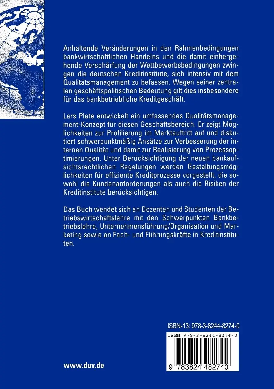 Rückseite: 9783824482740 | Qualitätsmanagement im bankbetrieblichen Kreditgeschäft | Lars Plate