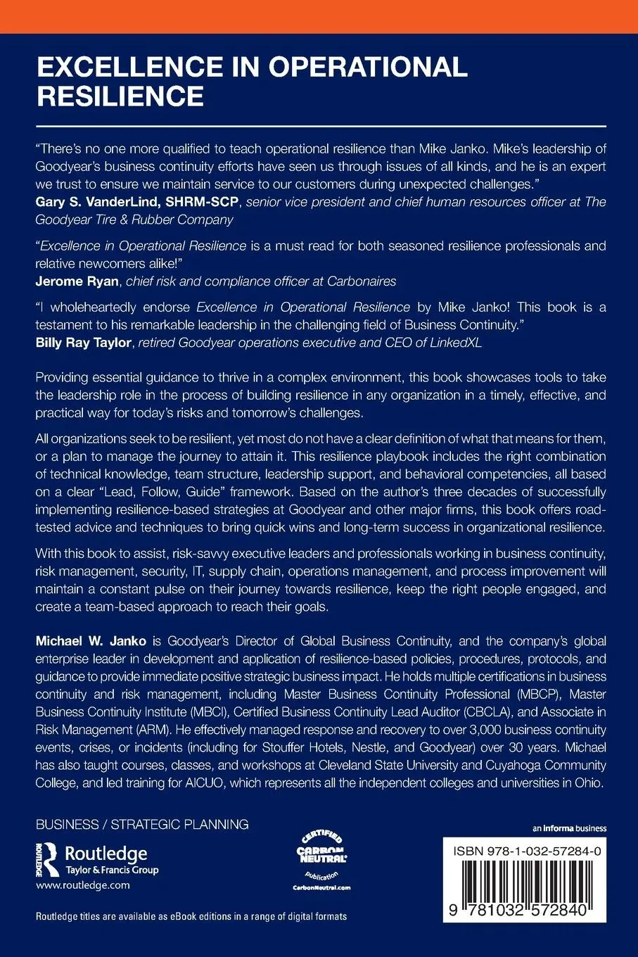 Rückseite: 9781032572840 | Excellence in Operational Resilience | Michael W. Janko | Taschenbuch