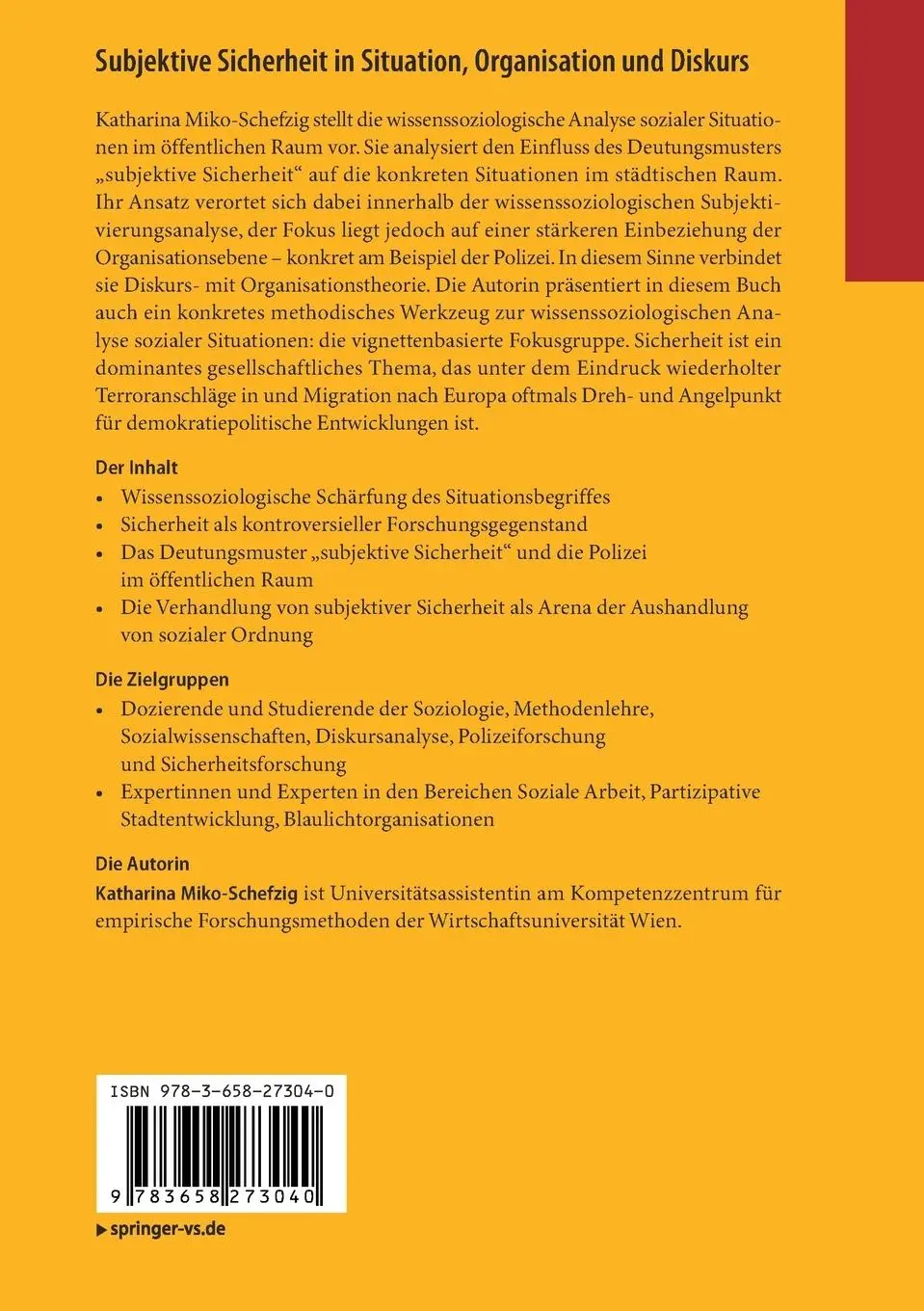 Rückseite: 9783658273040 | Subjektive Sicherheit in Situation, Organisation und Diskurs | Buch