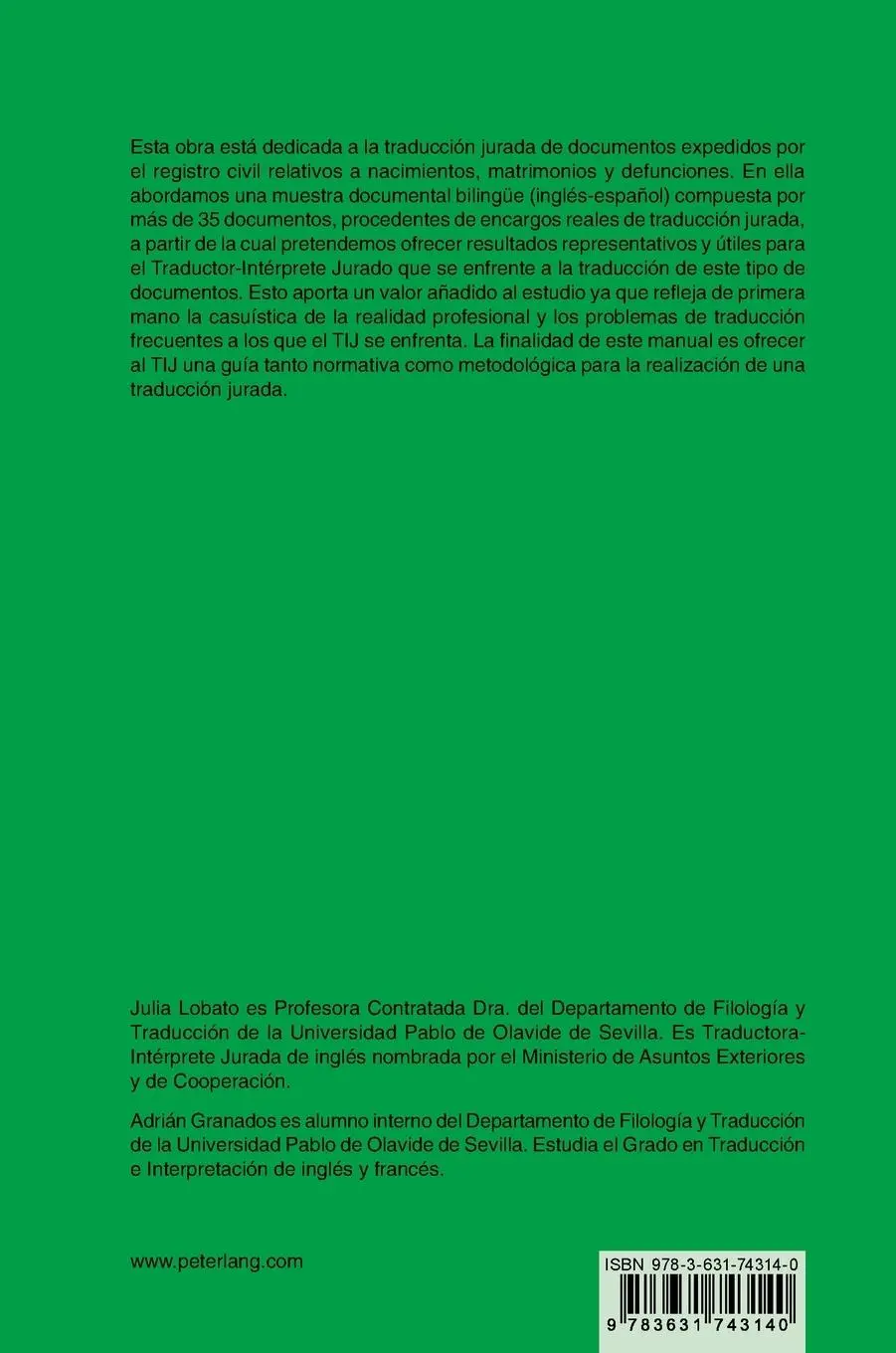 Rückseite: 9783631743140 | La traducción jurada de certificados de registro civil | Buch | 2018