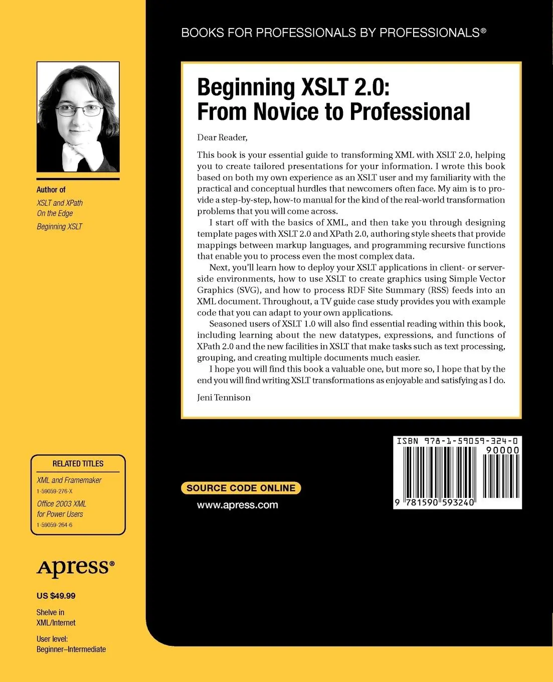 Rückseite: 9781590593240 | Beginning XSLT 2.0 | From Novice to Professional | Jeni Tennison