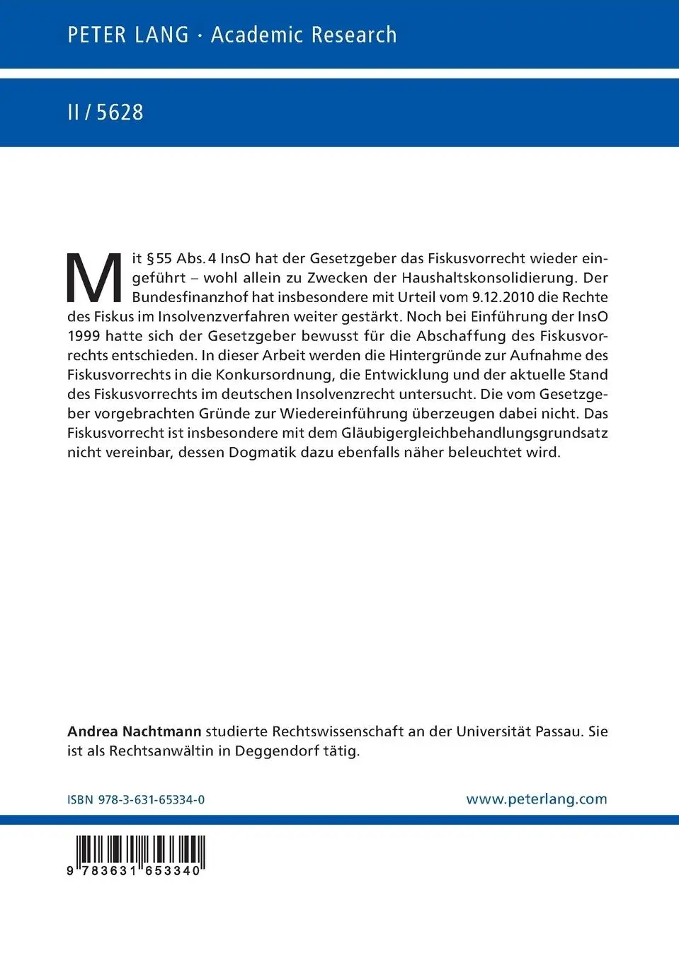Rückseite: 9783631653340 | Das Fiskusvorrecht im deutschen Insolvenzrecht | Andrea Nachtmann