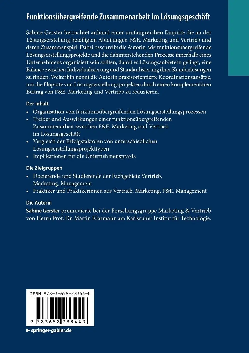 Rückseite: 9783658233440 | Funktionsübergreifende Zusammenarbeit im Lösungsgeschäft | Gerster