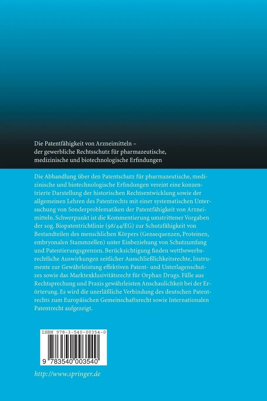 Rückseite: 9783540003540 | Die Patentfähigkeit von Arzneimitteln | Eva-Maria Müller | Taschenbuch