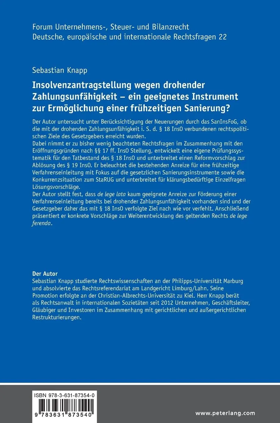Rückseite: 9783631873540 | Insolvenzantragstellung wegen drohender Zahlungsunfähigkeit - ein...
