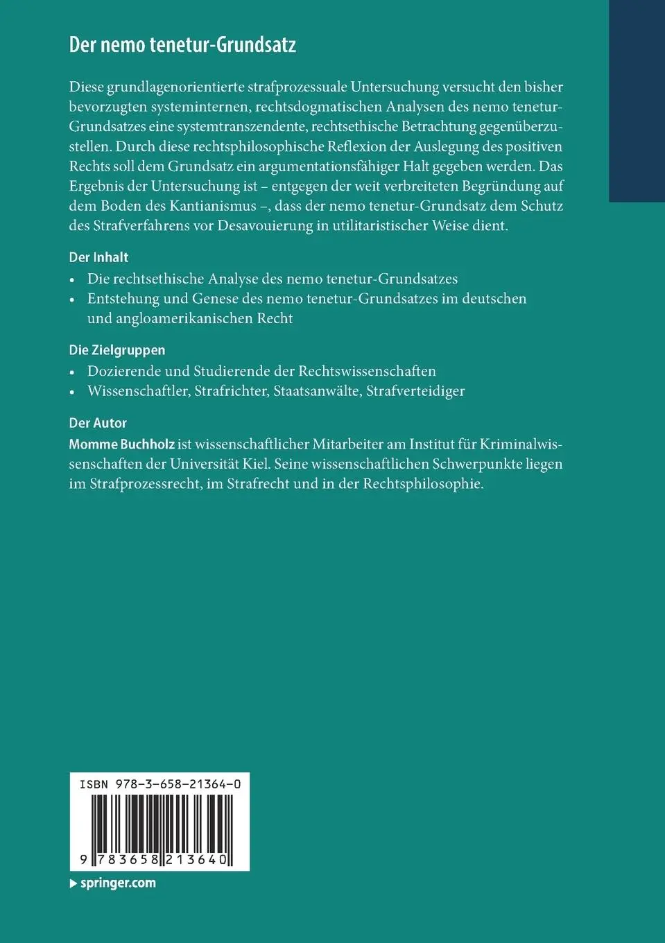 Rückseite: 9783658213640 | Der nemo tenetur-Grundsatz | Eine rechtsethische Untersuchung | Buch