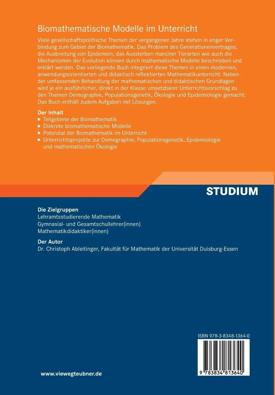 Rückseite: 9783834813640 | Biomathematische Modelle im Unterricht | Christoph Ableitinger | Buch