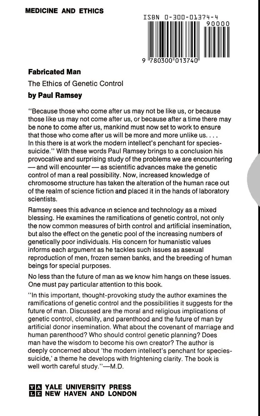 Rückseite: 9780300013740 | Fabricated Man | The Ethics of Genetic Control | Paul Ramsey | Buch