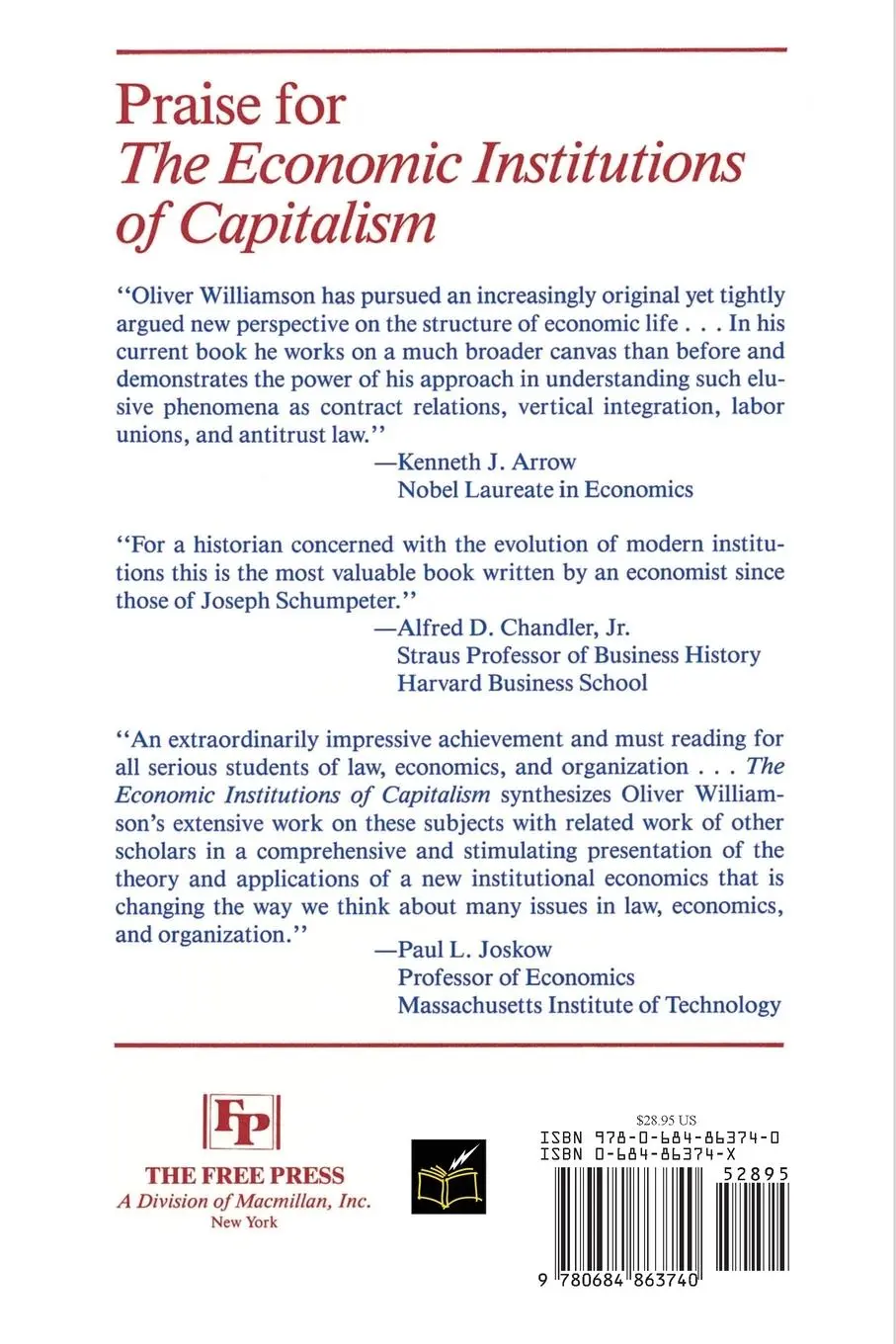 Rückseite: 9780684863740 | The Economic Intstitutions of Capitalism | Oliver E. Williamson | Buch