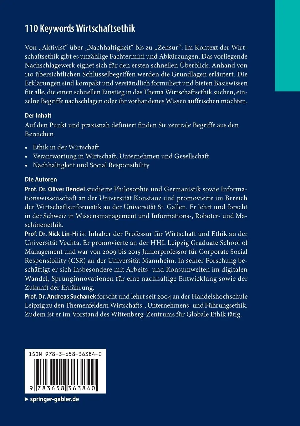 Rückseite: 9783658363840 | 110 Keywords Wirtschaftsethik | Oliver Bendel (u. a.) | Taschenbuch