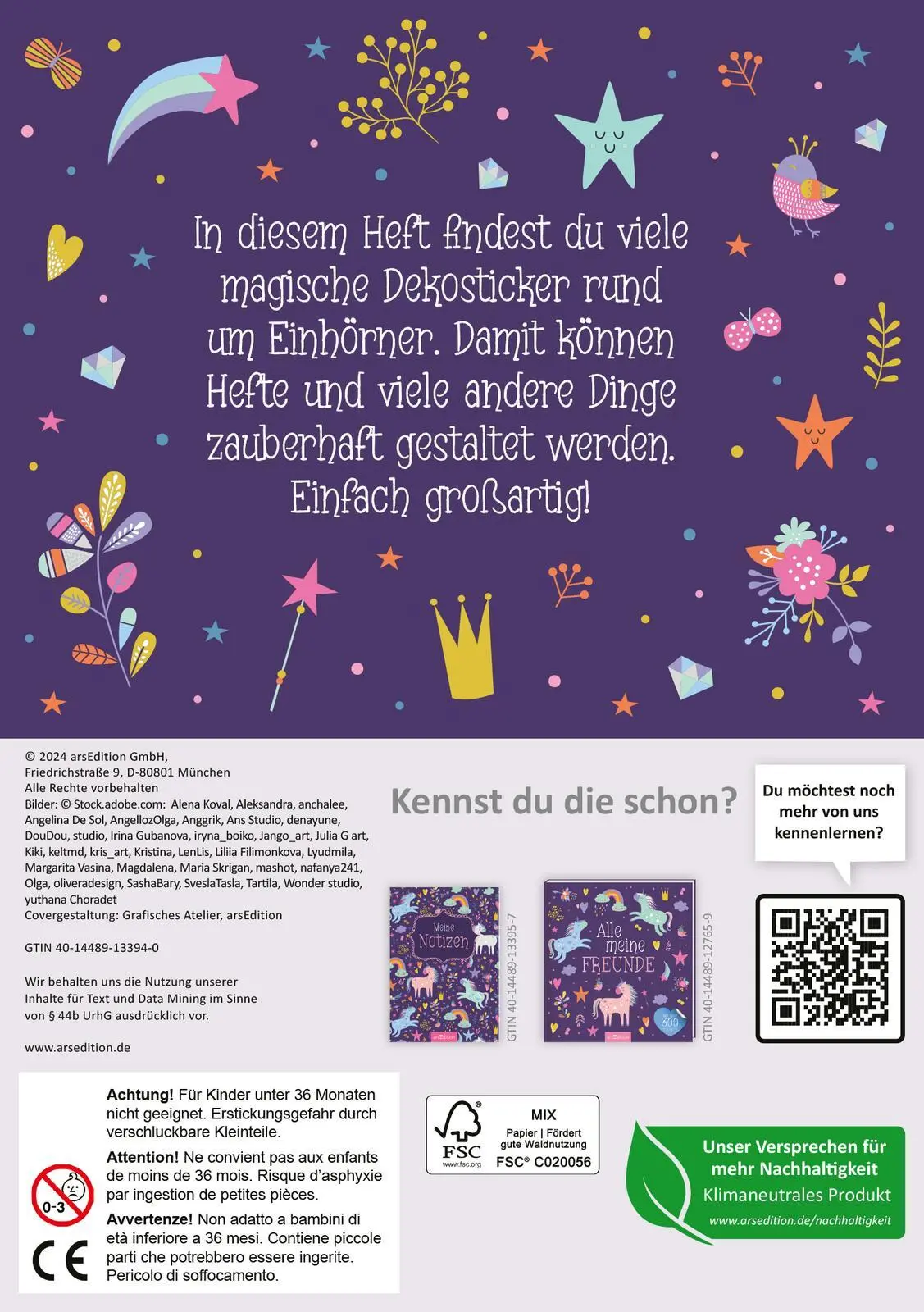 Rückseite: 4014489133940 | Mein Einhorn-Stickerheft | Mit über 150 Stickern | Aufkleber/Sticker