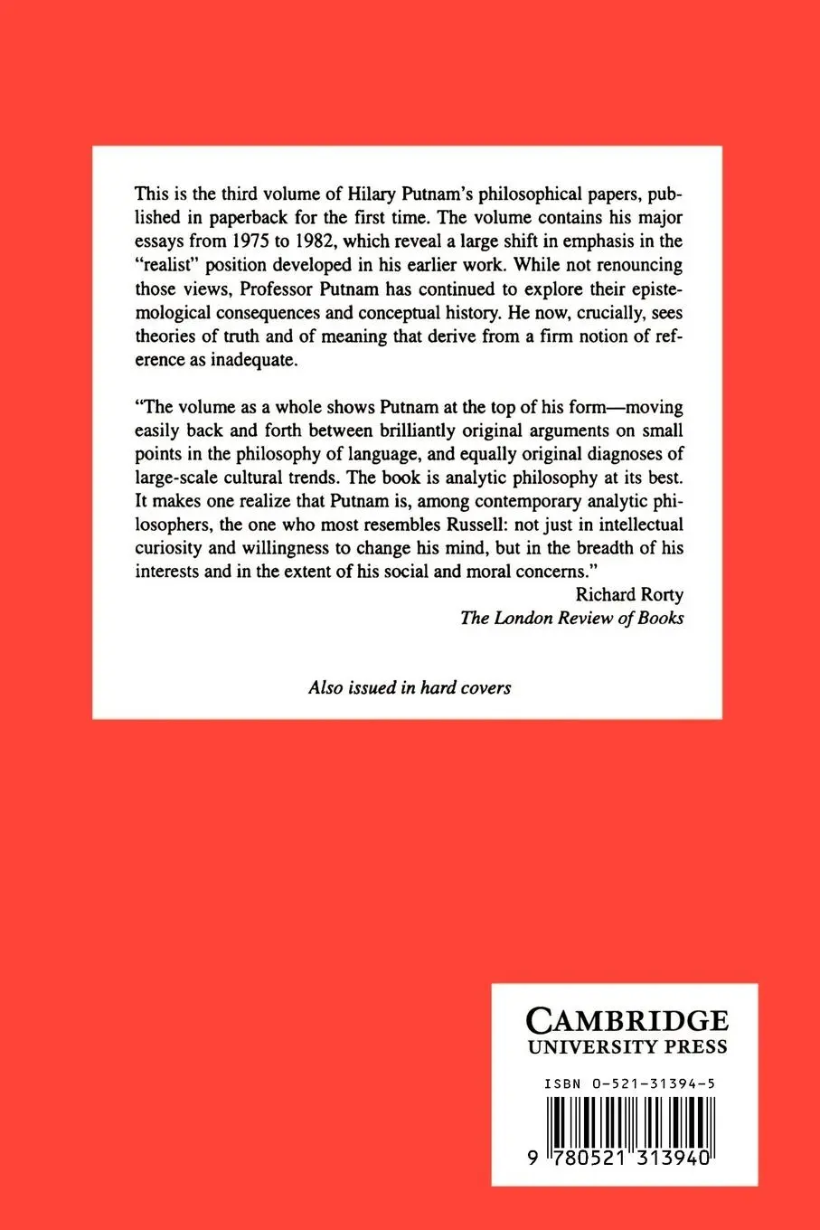 Rückseite: 9780521313940 | Philosophical Papers | Volume 3, Realism and Reason | Putman (u. a.)