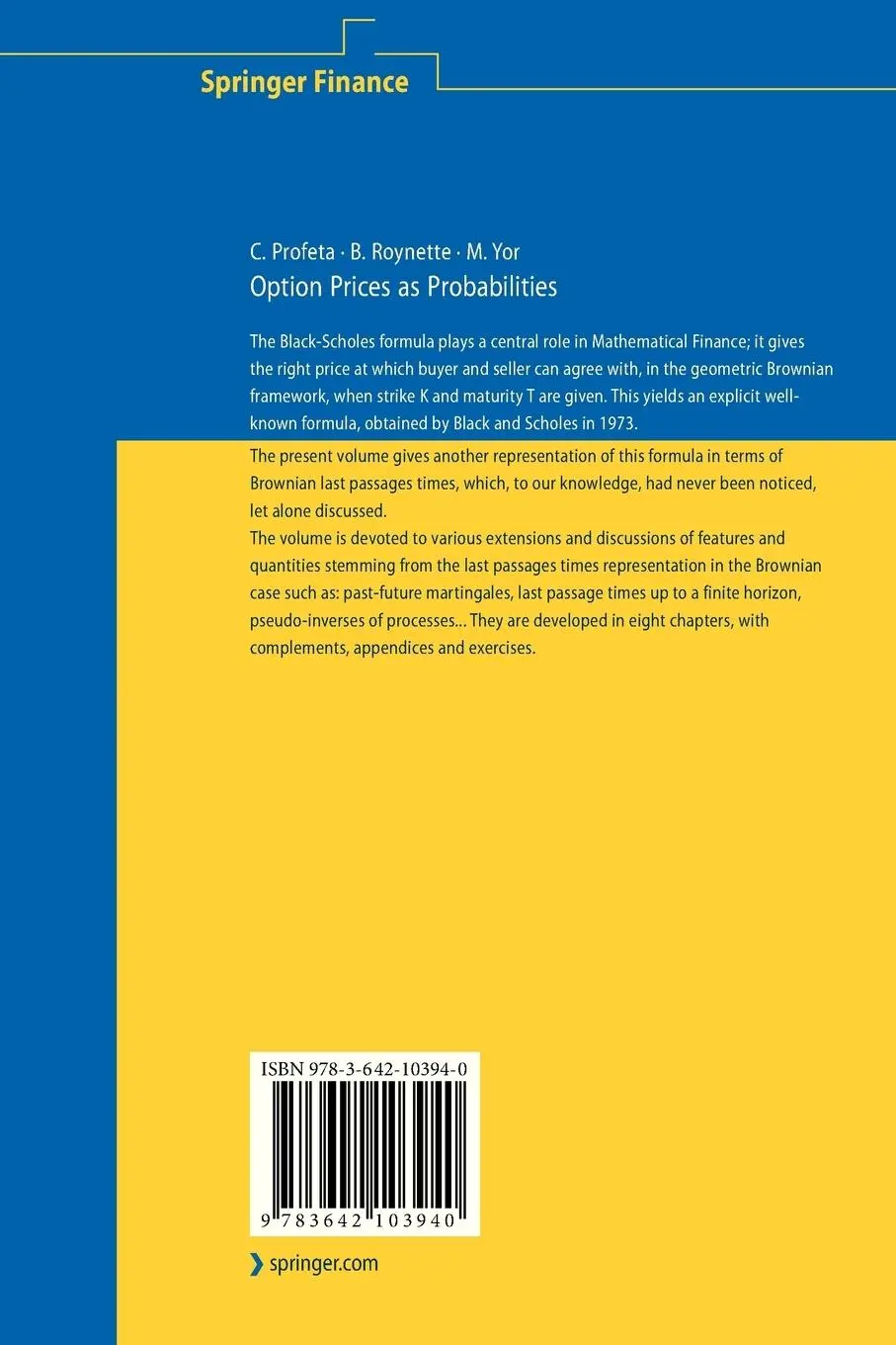 Rückseite: 9783642103940 | Option Prices as Probabilities | Christophe Profeta (u. a.) | Buch