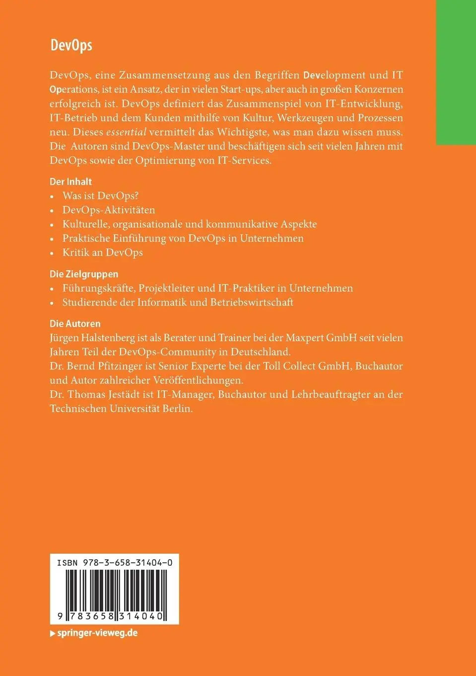 Rückseite: 9783658314040 | DevOps | Ein Überblick | Jürgen Halstenberg (u. a.) | Taschenbuch | x