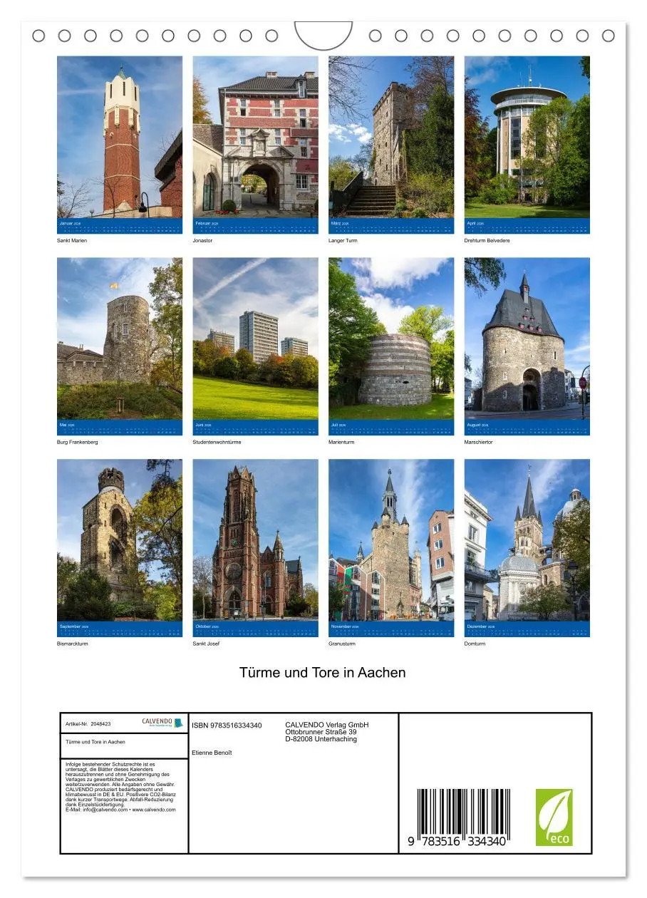 Bild: 9783516334340 | Türme und Tore in Aachen (Wandkalender 2026 DIN A4 hoch), CALVENDO...